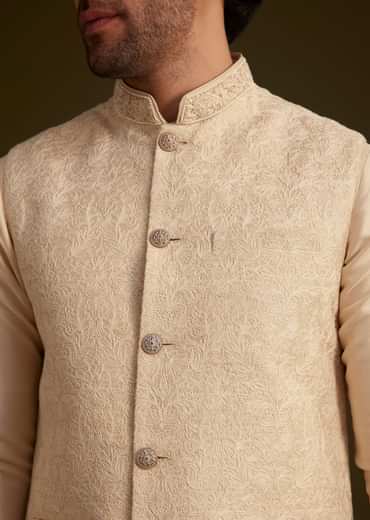 Beige Jacquard Nehru Jacket Set