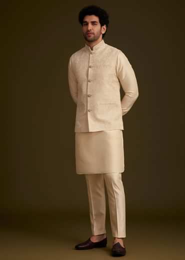 Beige Jacquard Nehru Jacket Set
