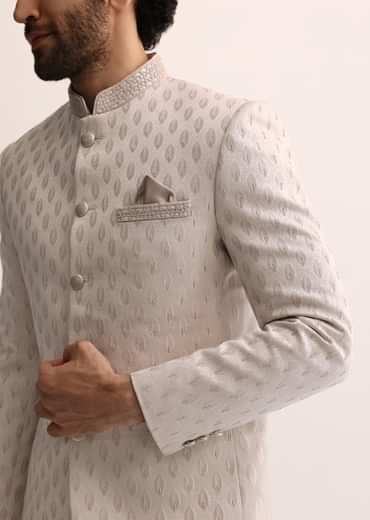 Beige Jodhpuri Suit With Self Work Embroidery For Men