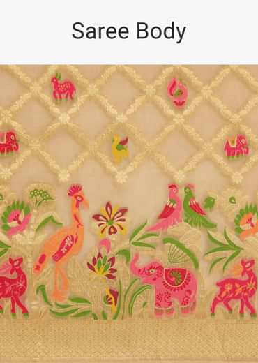 Beige Khaddi Georgette Jaal Work Saree With Animal Bird Motifs