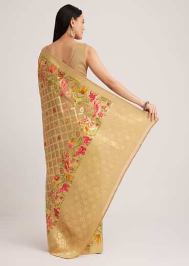 Beige Khaddi Georgette Jaal Work Saree With Animal Bird Motifs