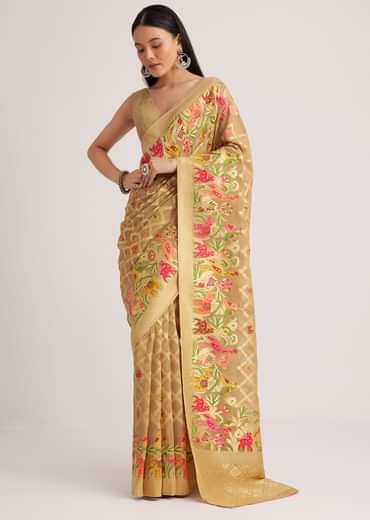 Beige Khaddi Georgette Jaal Work Saree With Animal Bird Motifs