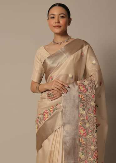 Beige Kora Silk Saree With Multi Color Thread Work