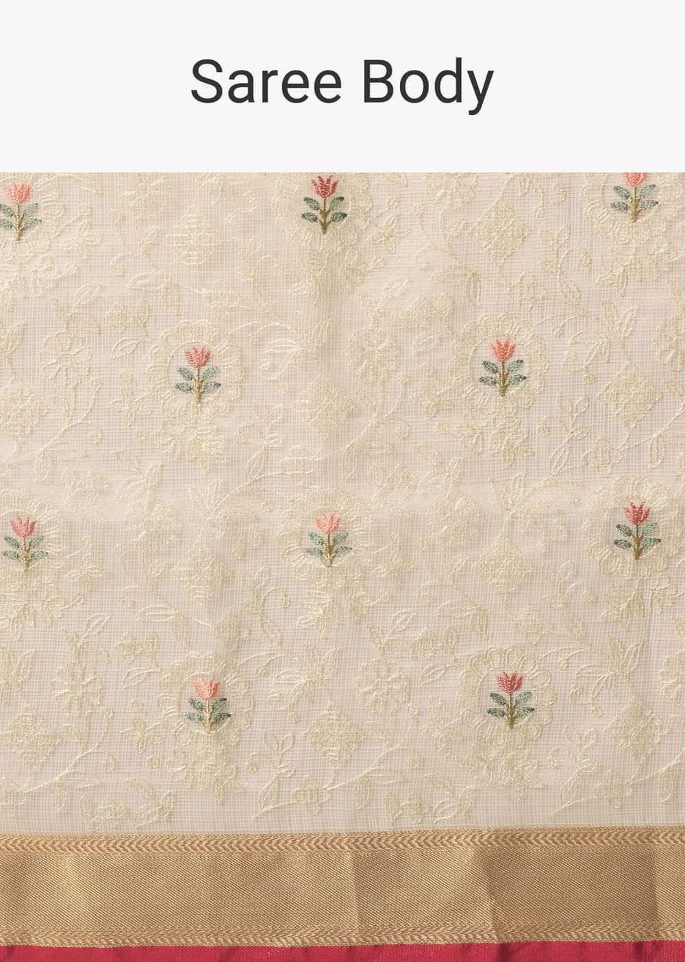 Beige Saree With Multi-Color Thread Work In Kora Silk