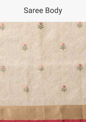 Beige Saree With Multi-Color Thread Work In Kora Silk