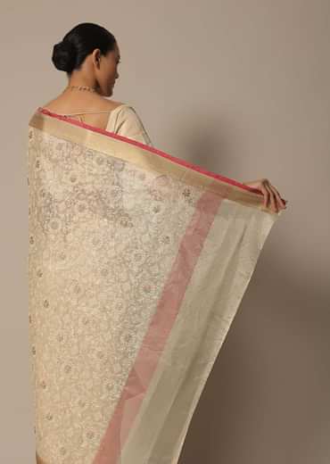 Beige Saree With Multi-Color Thread Work In Kora Silk