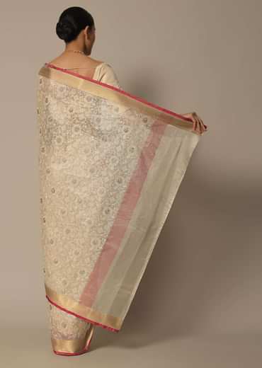 Beige Saree With Multi-Color Thread Work In Kora Silk