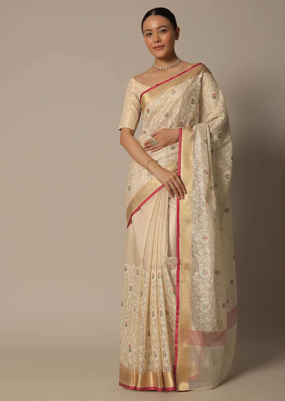Beige Saree With Multi-Color Thread Work In Kora Silk