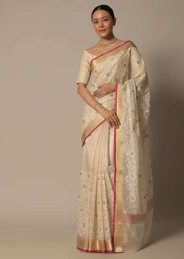 Beige Saree With Multi-Color Thread Work In Kora Silk