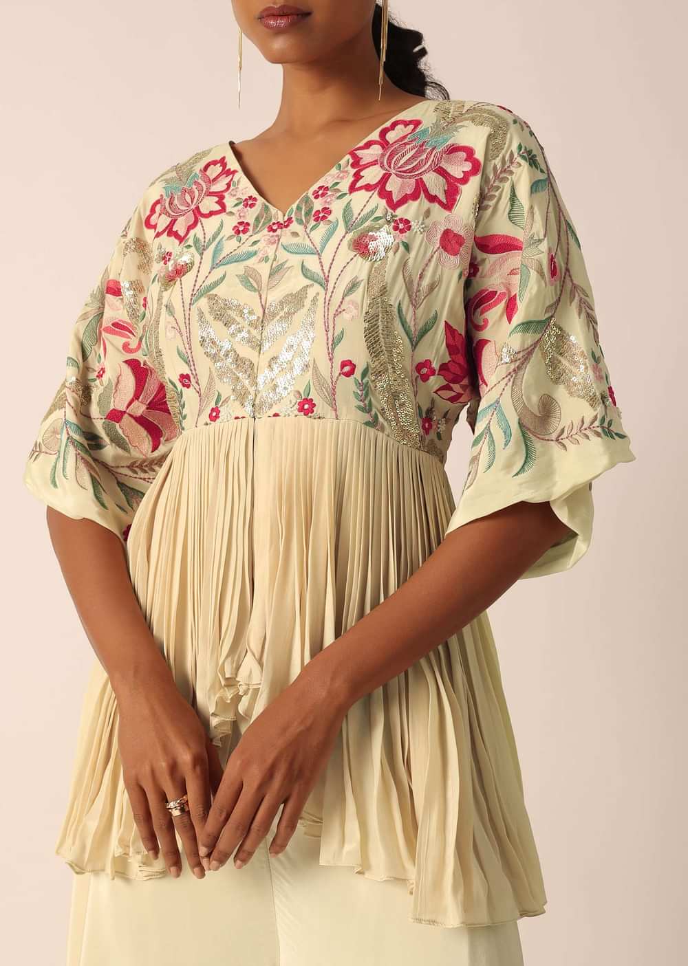 Beige Kurta And Palazzo Set With Bead Work