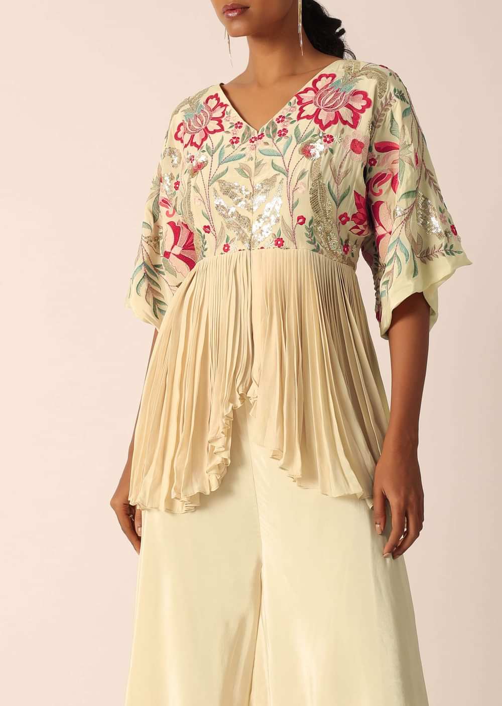 Beige Kurta And Palazzo Set With Bead Work
