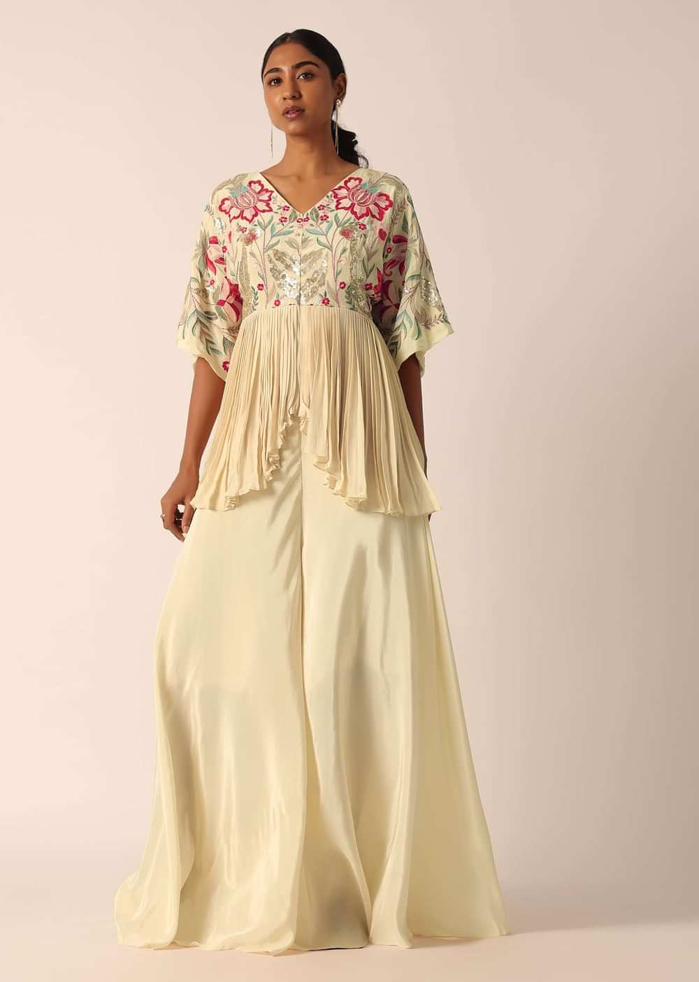Beige Kurta And Palazzo Set With Bead Work