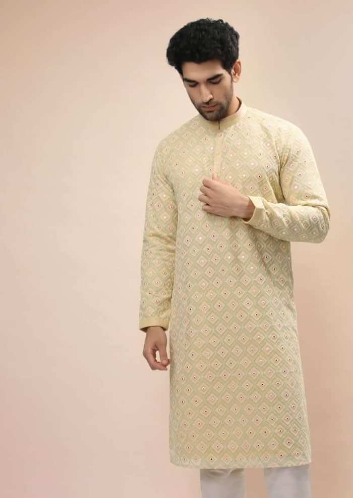 Beige Kurta Set In Georgette With Multi Colored Thread And Gotta Abla Embroidered Moroccan Jaal Design