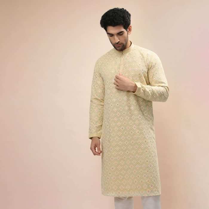 Beige Kurta Set In Georgette With Multi Colored Thread And Gotta Abla Embroidered Moroccan Jaal Design