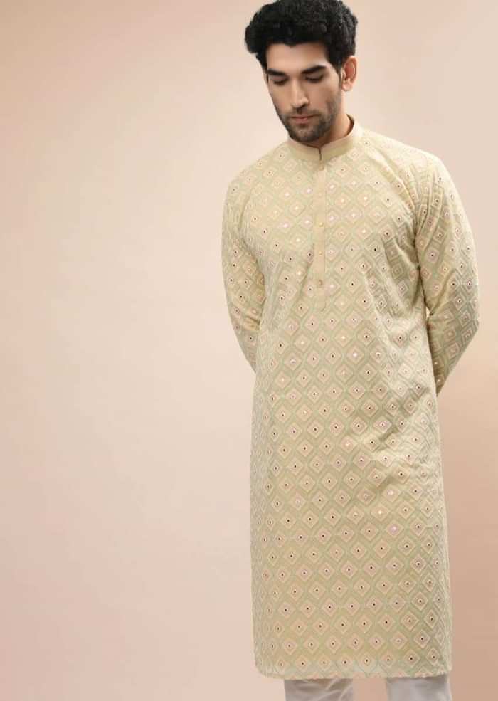 Beige Kurta Set In Georgette With Multi Colored Thread And Gotta Abla Embroidered Moroccan Jaal Design