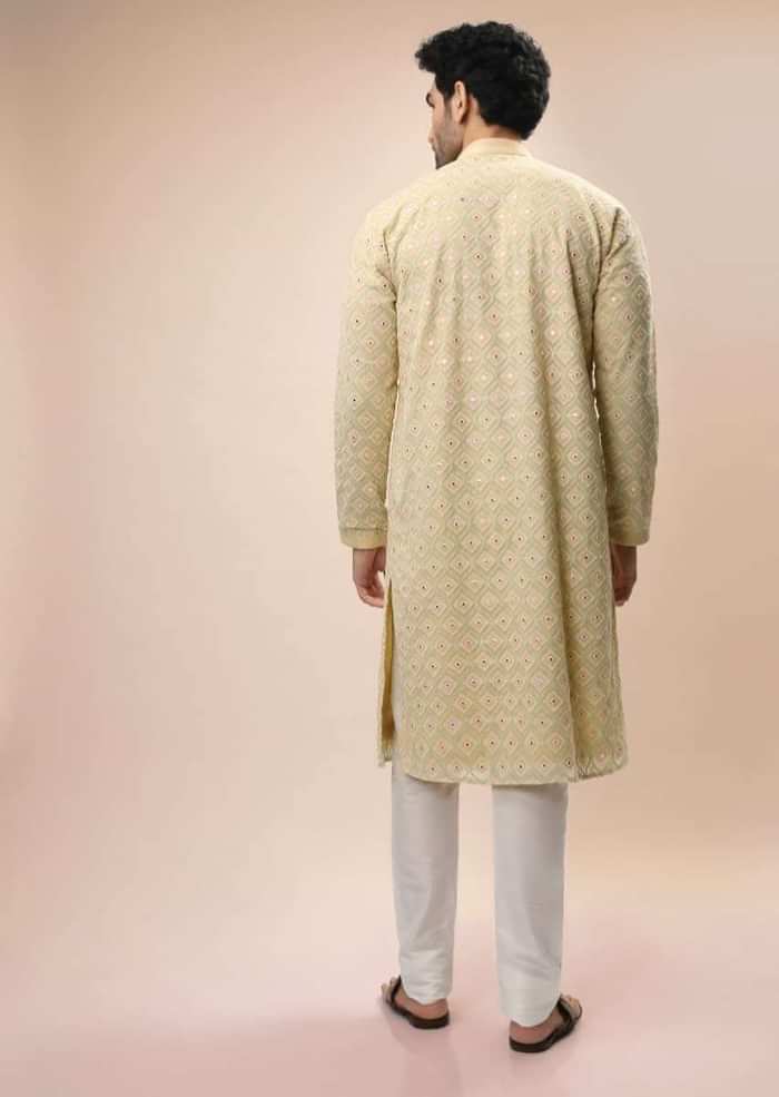 Beige Kurta Set In Georgette With Multi Colored Thread And Gotta Abla Embroidered Moroccan Jaal Design