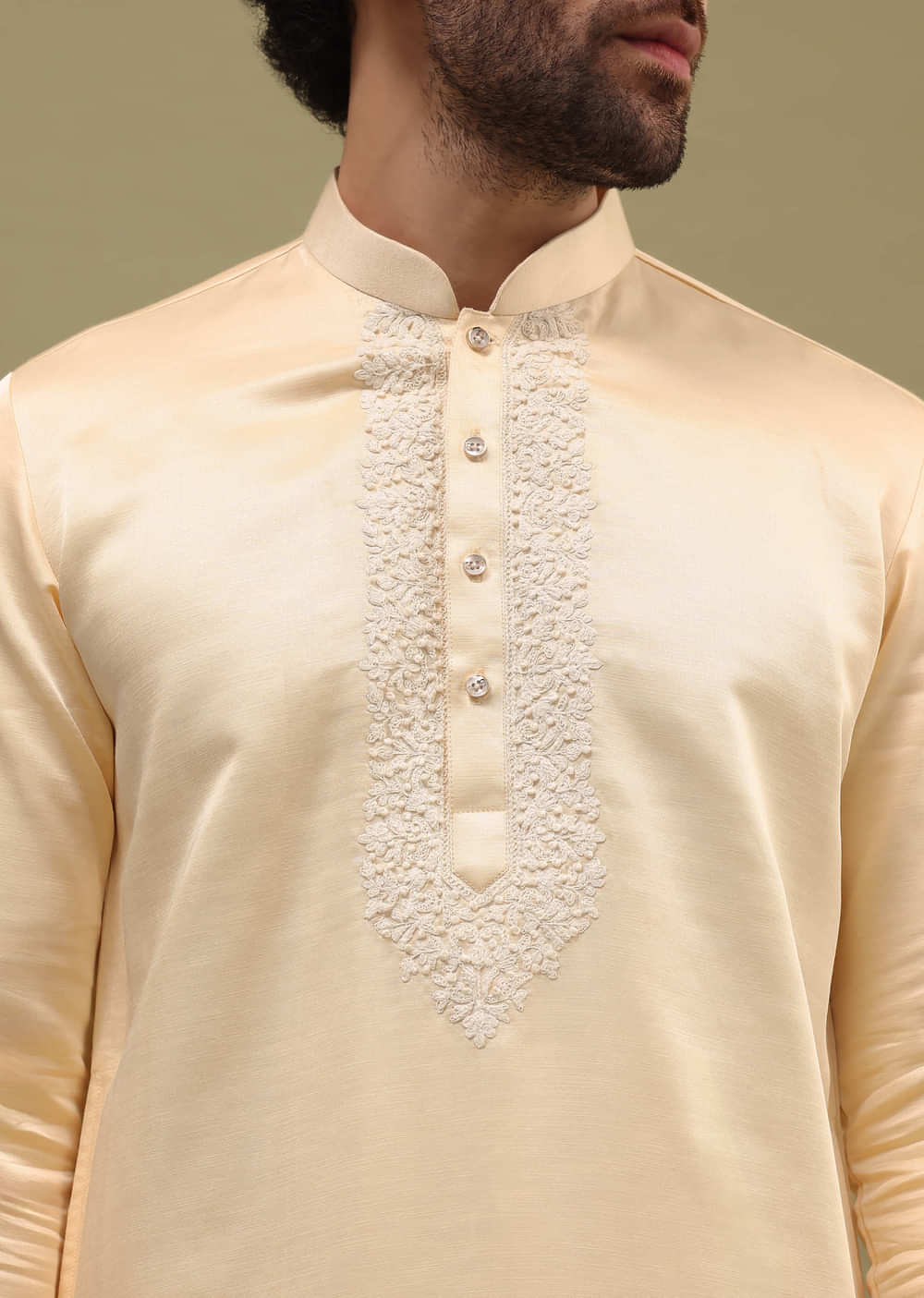 Beige Kurta Set In Resham Work With Dupatta For Men
