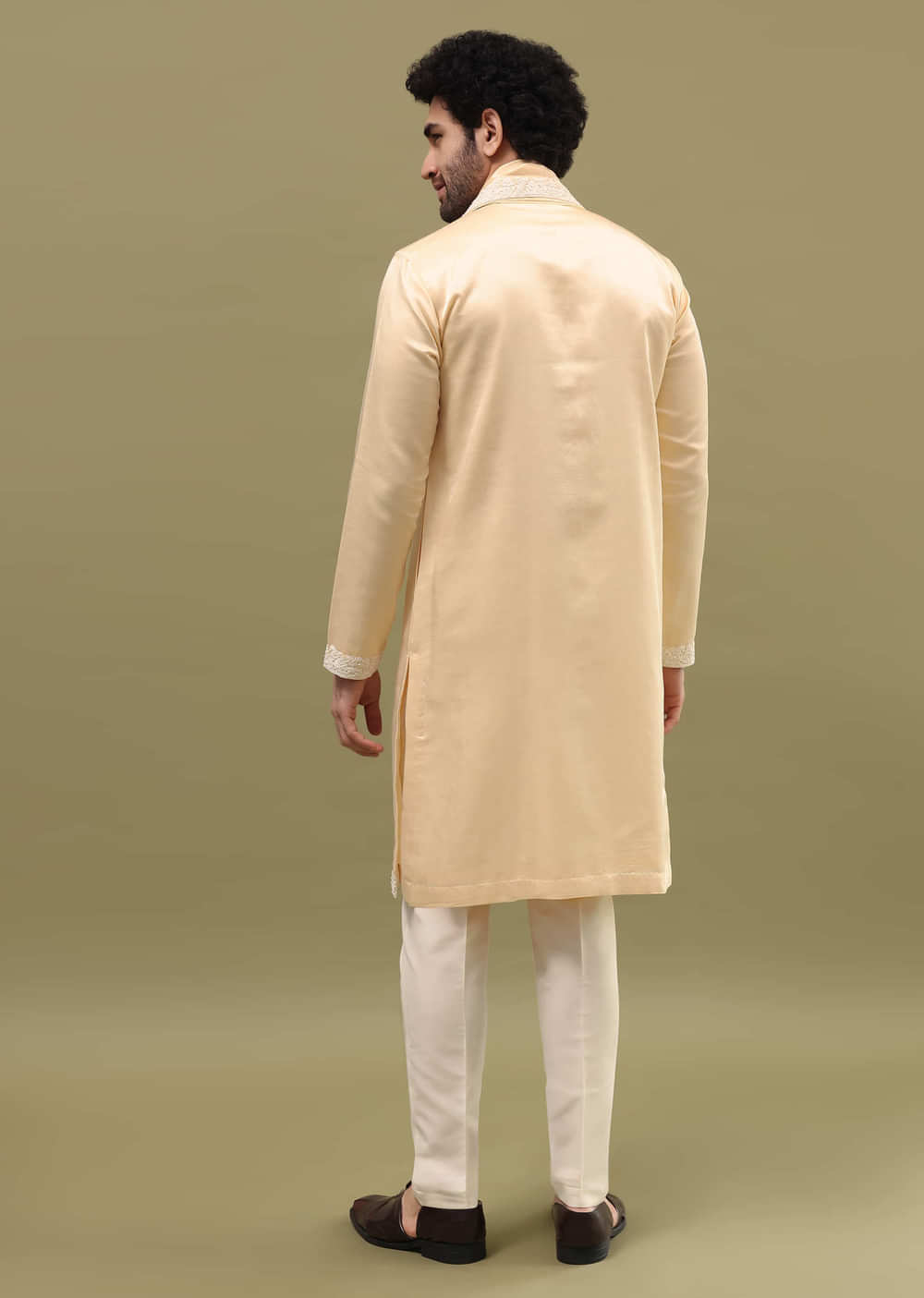 Beige Kurta Set In Resham Work With Dupatta For Men