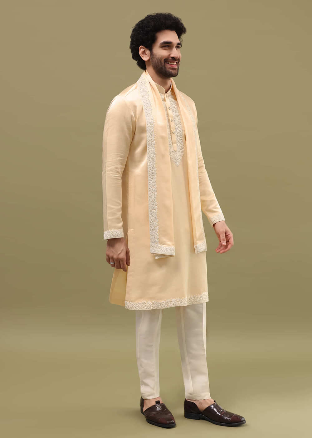 Beige Kurta Set In Resham Work With Dupatta For Men