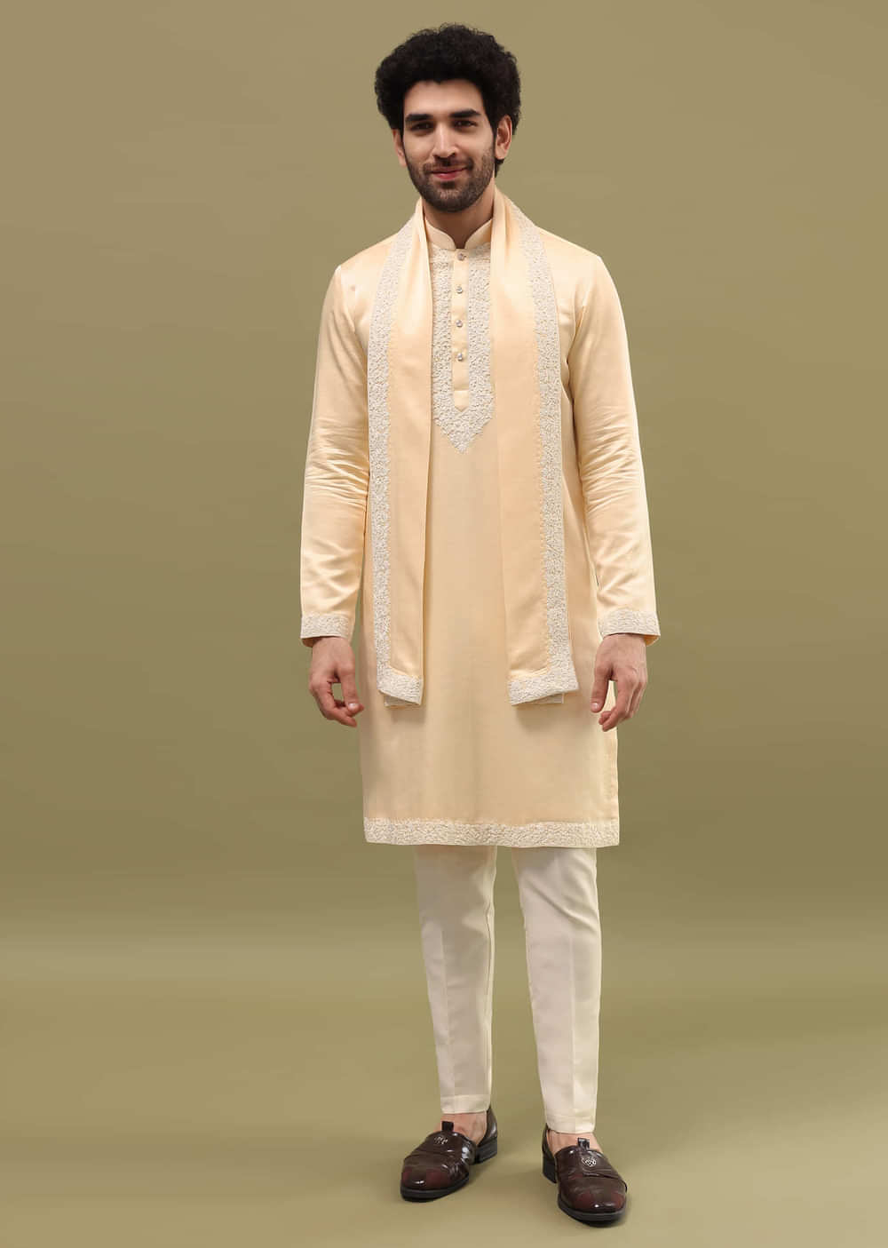 Beige Kurta Set In Resham Work With Dupatta For Men