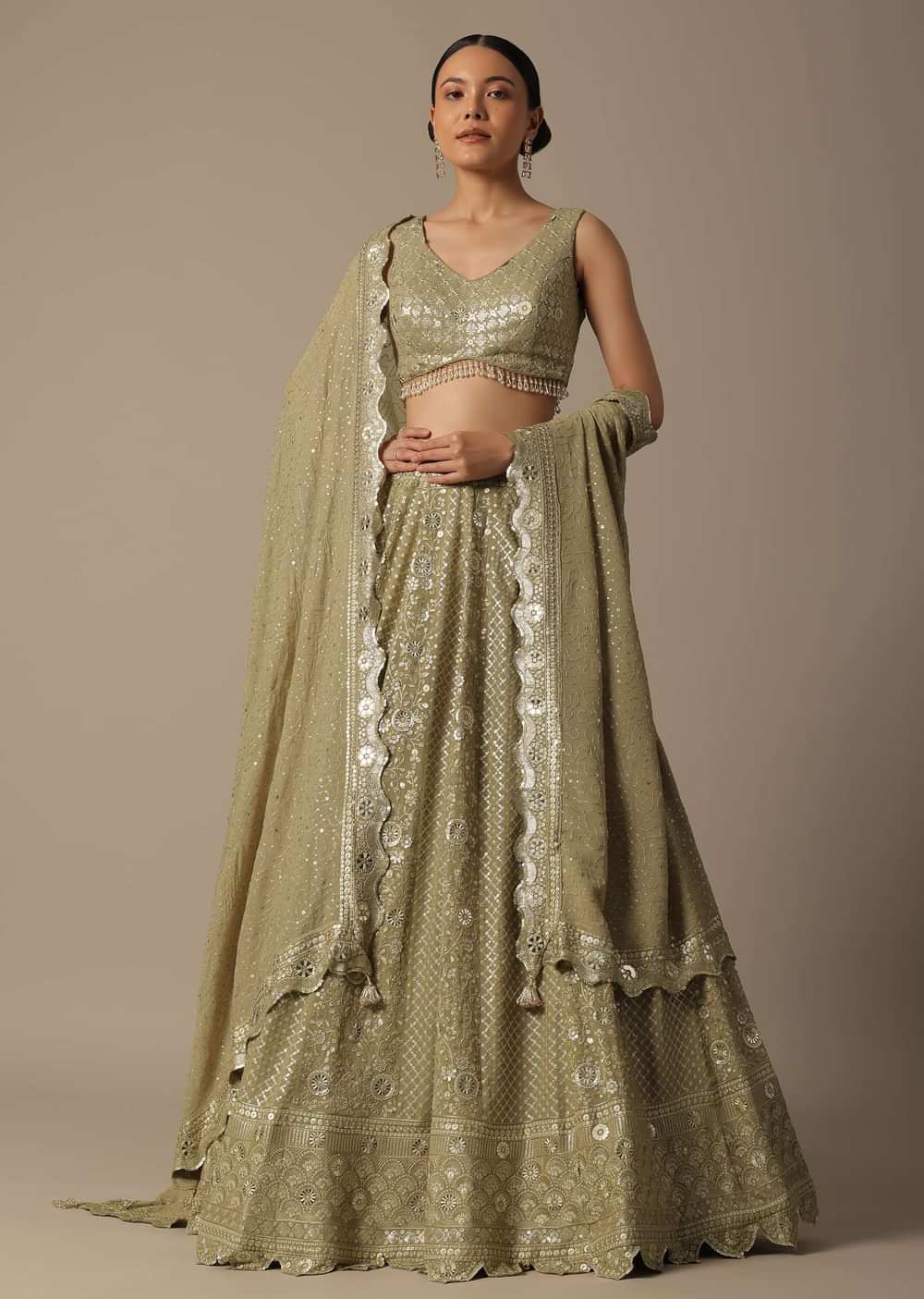 Beige Lehenga Set With Foil Mirror Embroidery