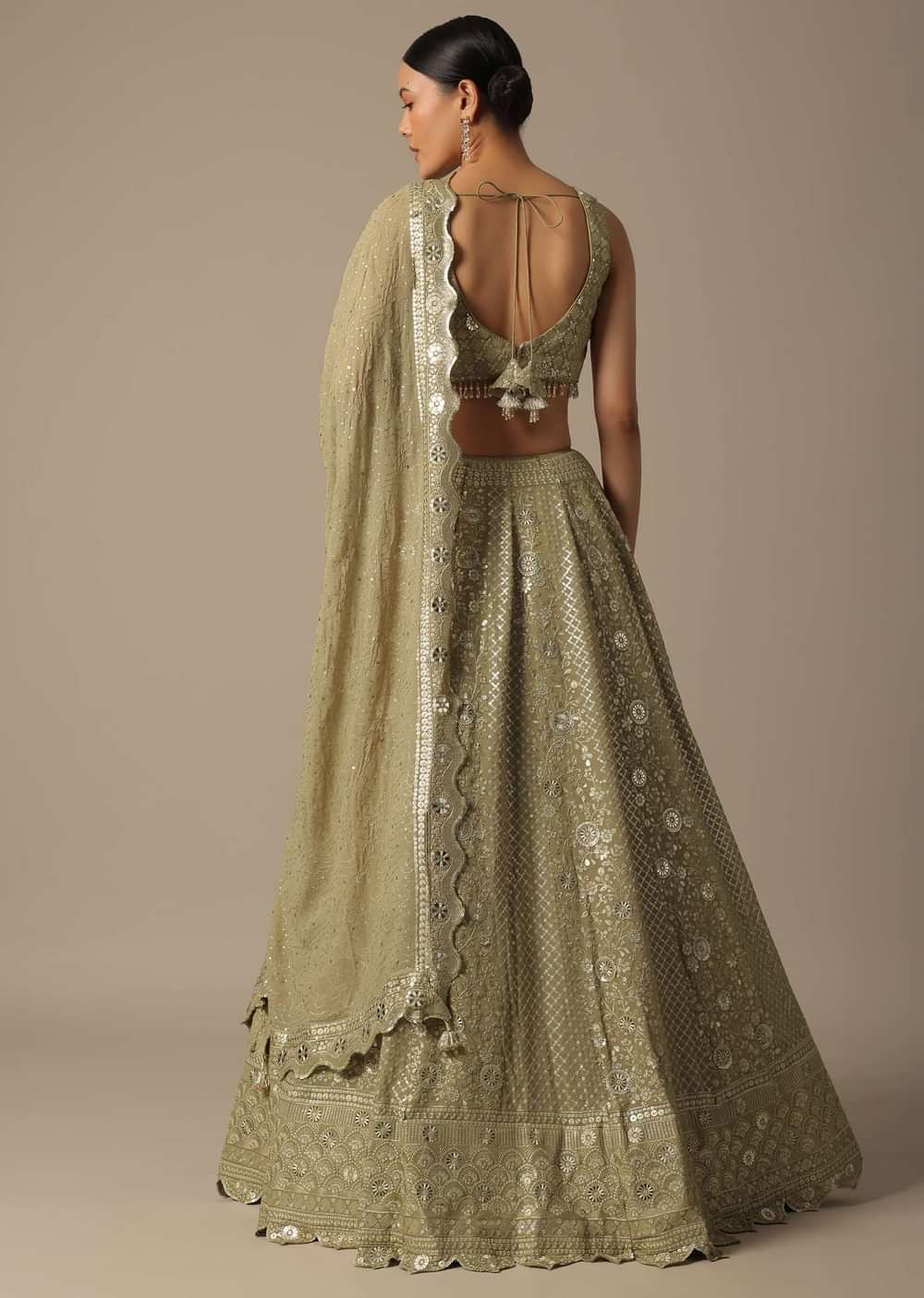 Beige Lehenga Set With Foil Mirror Embroidery