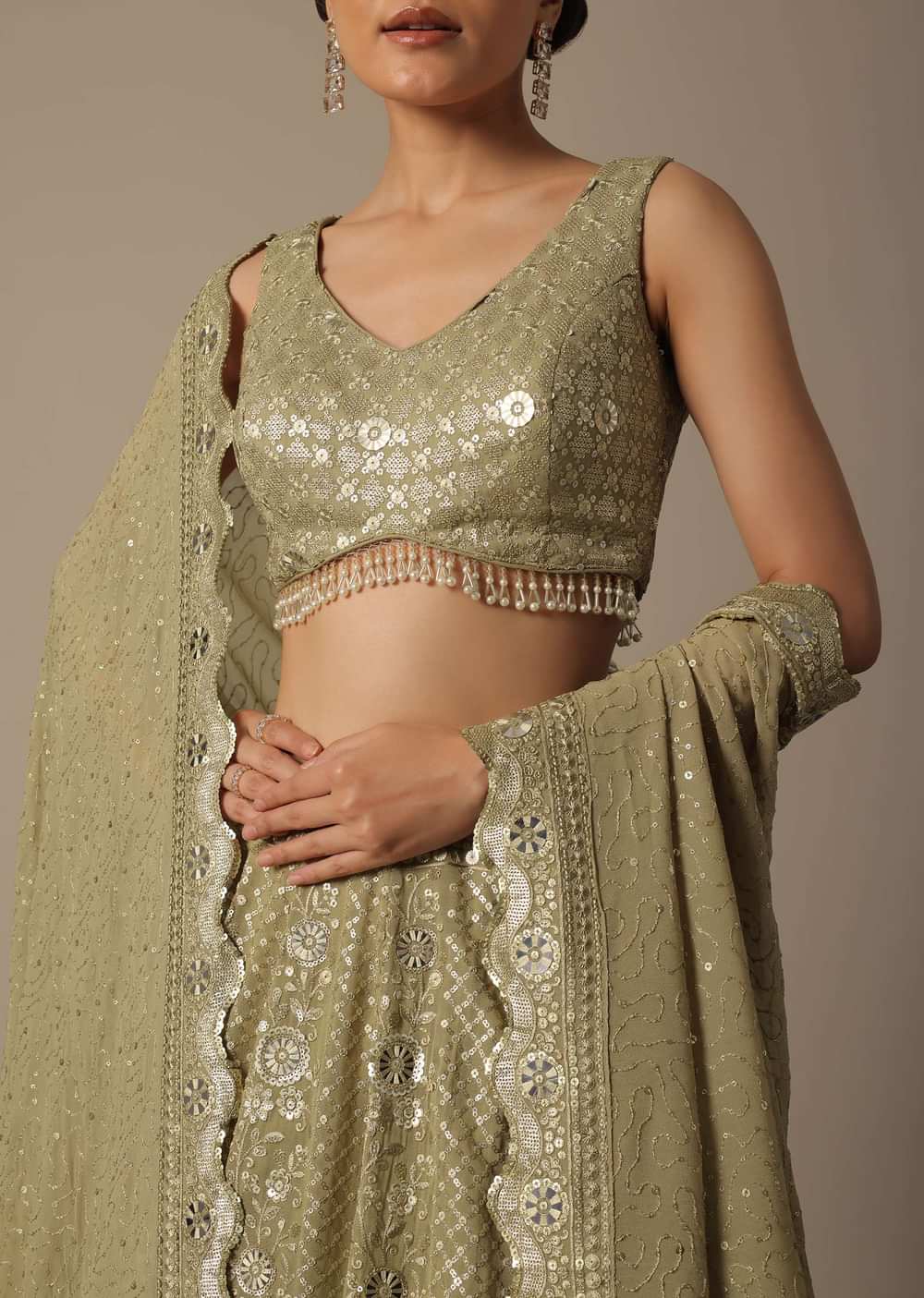 Beige Lehenga Set With Foil Mirror Embroidery
