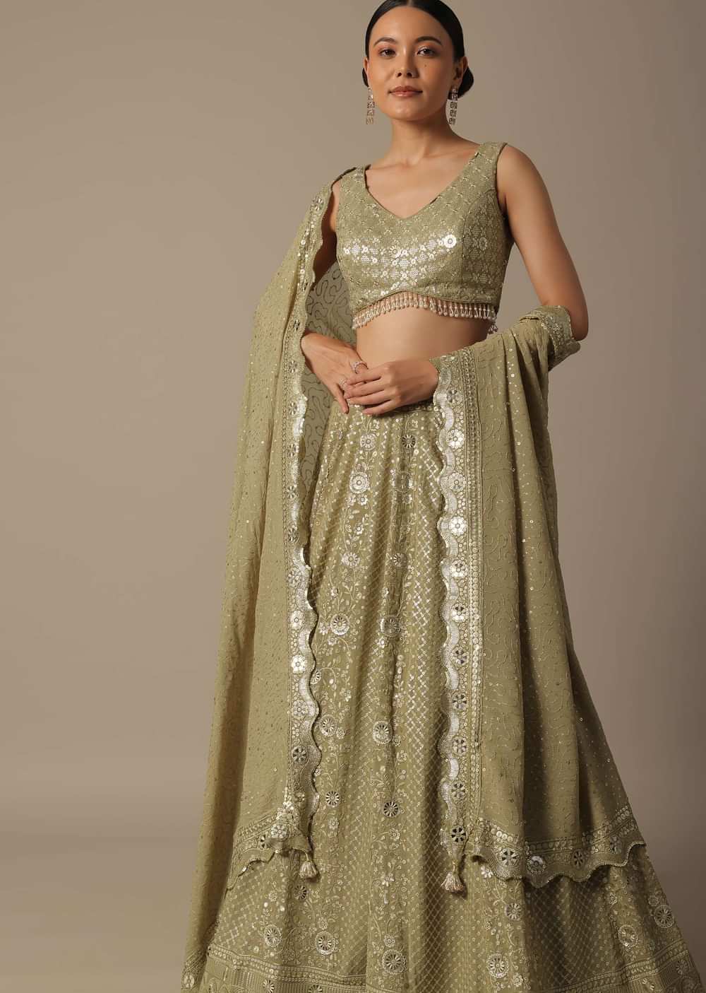 Beige Lehenga Set With Foil Mirror Embroidery