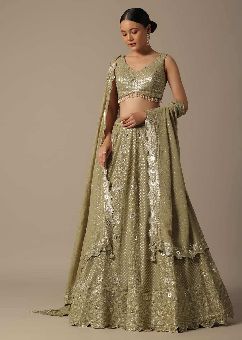 Beige Lehenga Set With Foil Mirror Embroidery