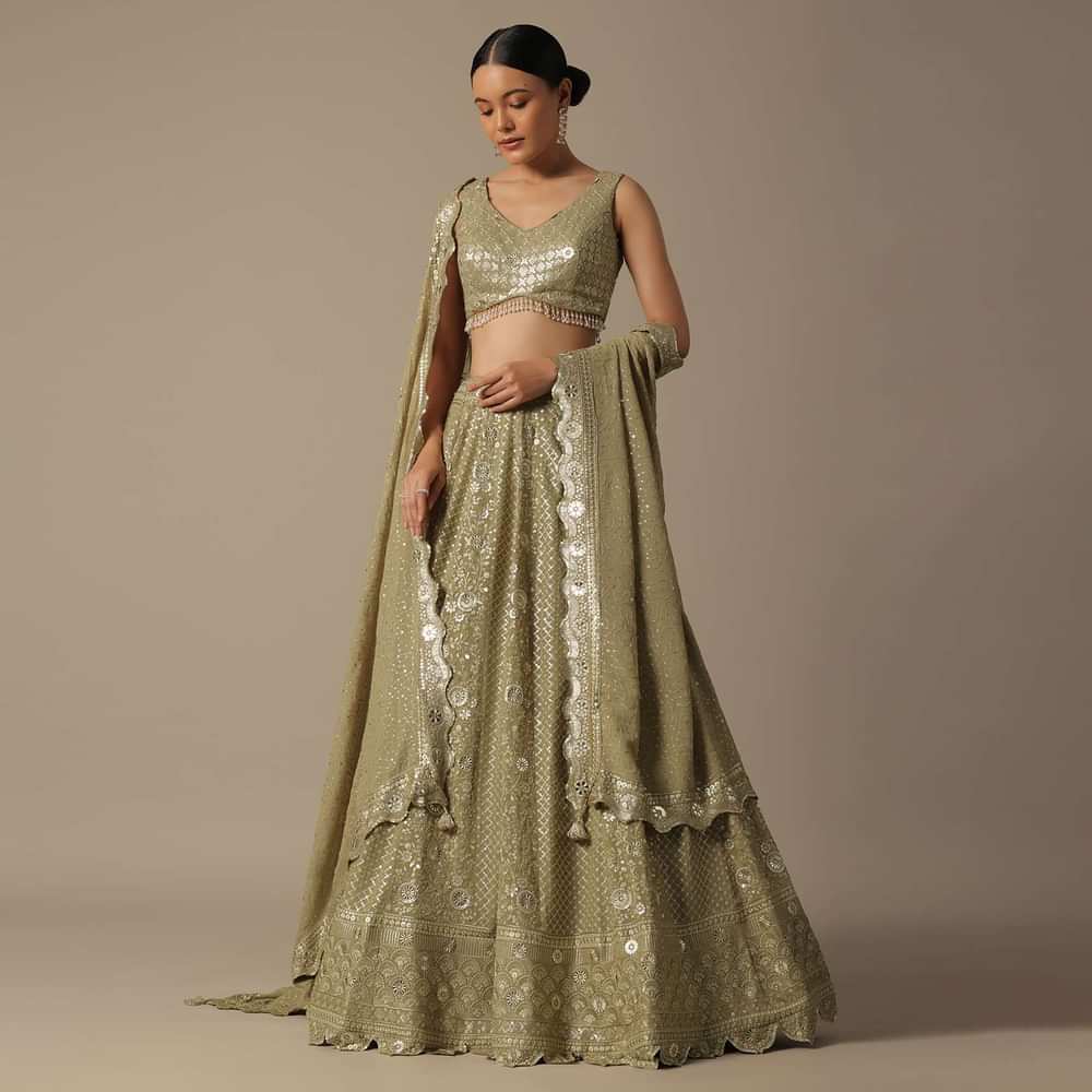 Beige Lehenga Set With Foil Mirror Embroidery