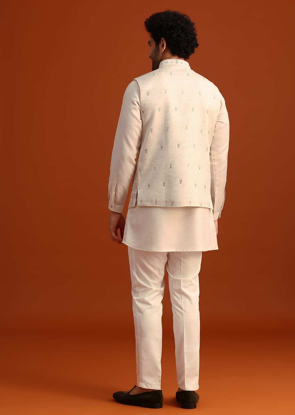 Beige Linen Silk Jacket Kurta And Jacket Set With Aari Work