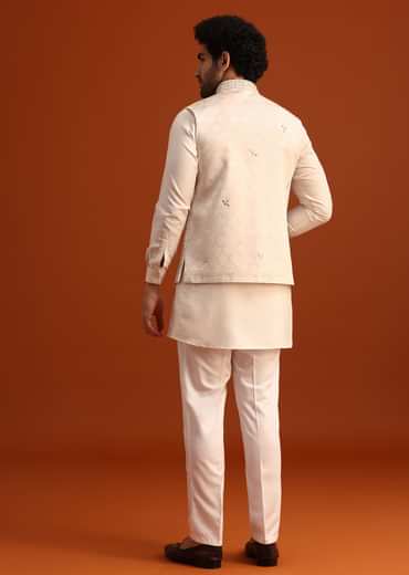 Beige Linen Silk Jacket Kurta And Jacket Set With Mirror Work