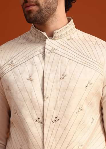 Beige Linen Silk Jacket Kurta And Jacket Set With Mirror Work