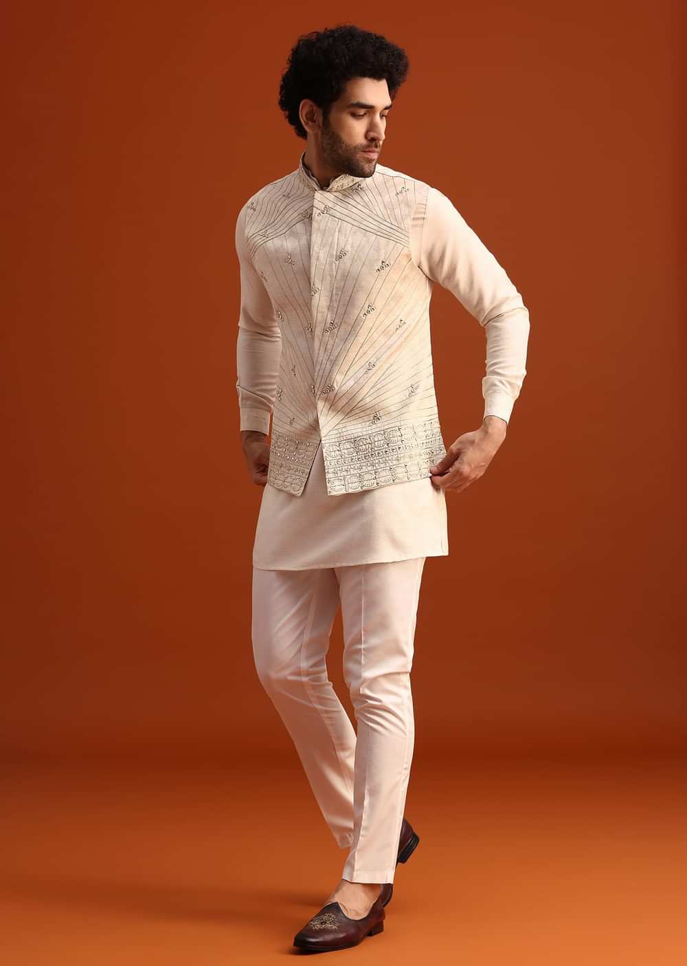 Beige Linen Silk Jacket Kurta And Jacket Set With Mirror Work