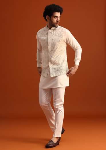 Beige Linen Silk Jacket Kurta And Jacket Set With Mirror Work