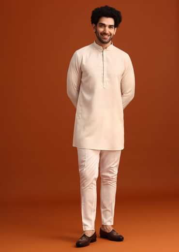 Beige Linen Silk Jacket Kurta And Jacket Set With Mirror Work