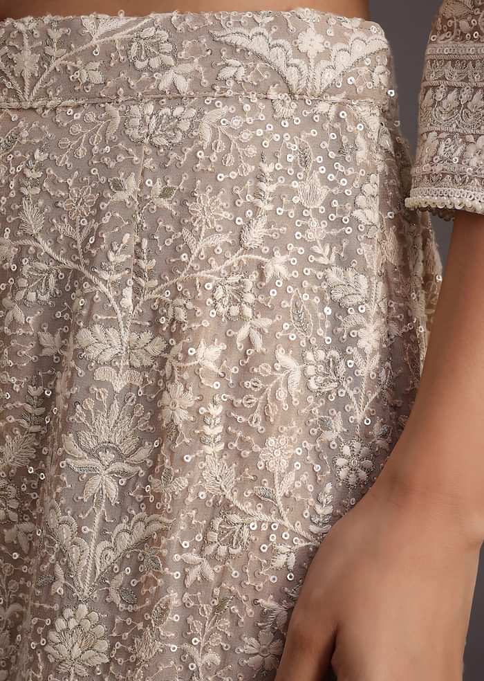 Beige Lucknowi Kurti Palazzo With Net Dupatta