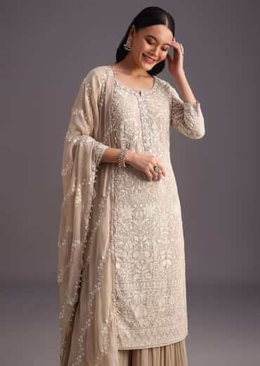 Beige Lucknowi kurta set With Flared Palazzo And Resham Work Dupatta
