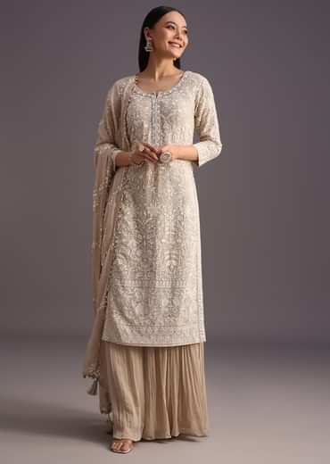 Beige Lucknowi kurta set With Flared Palazzo And Resham Work Dupatta
