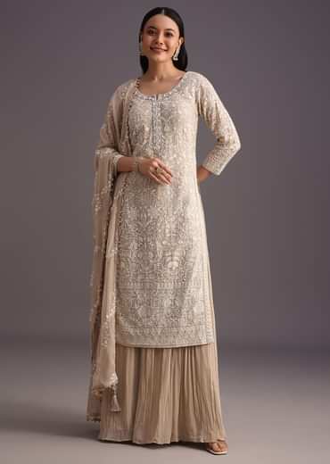 Beige Lucknowi kurta set With Flared Palazzo And Resham Work Dupatta