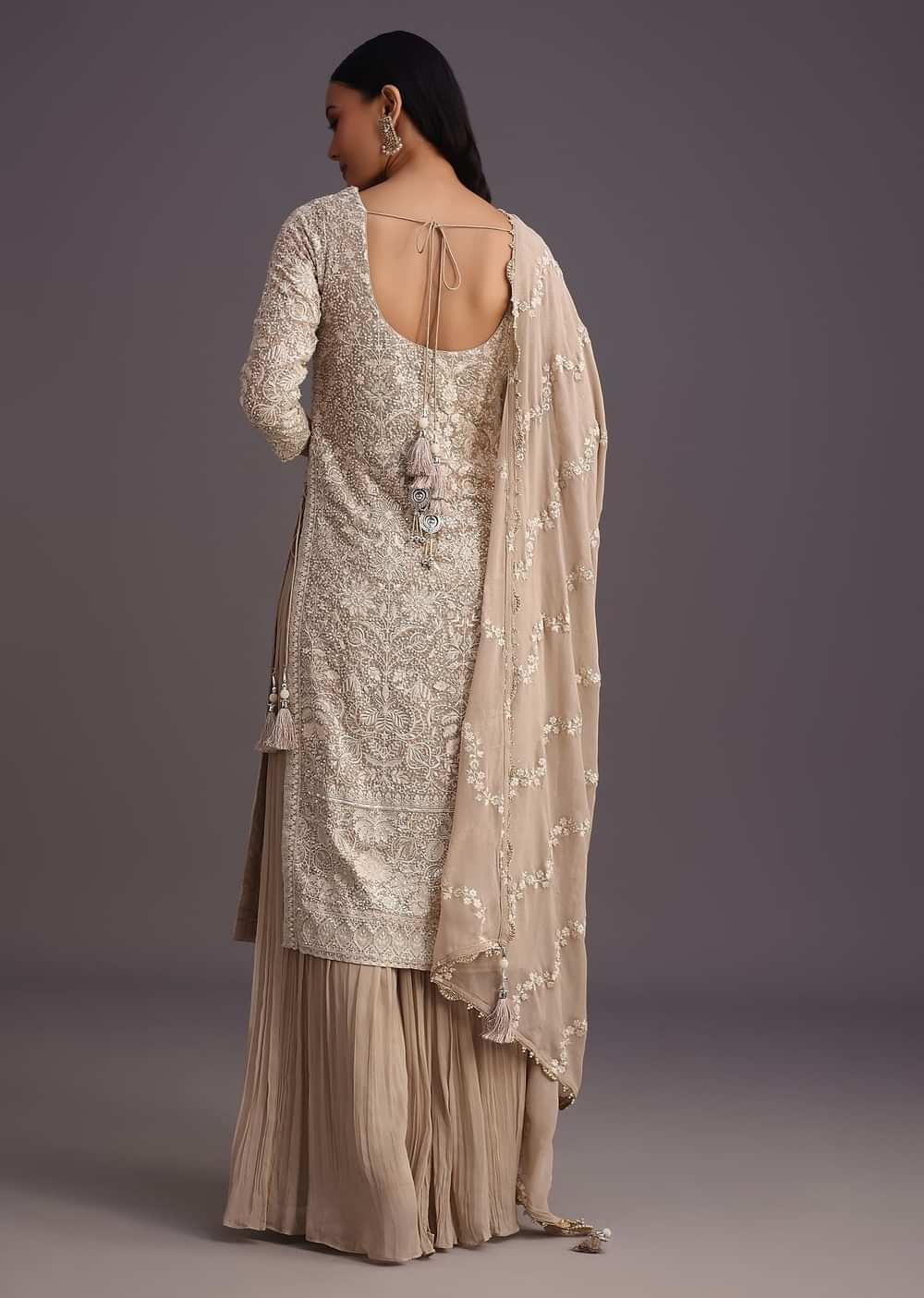 Beige Lucknowi kurta set With Flared Palazzo And Resham Work Dupatta