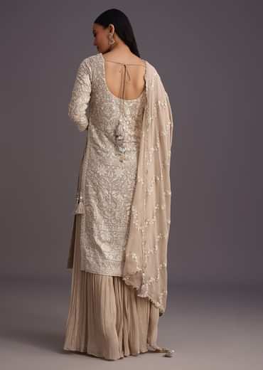 Beige Lucknowi kurta set With Flared Palazzo And Resham Work Dupatta