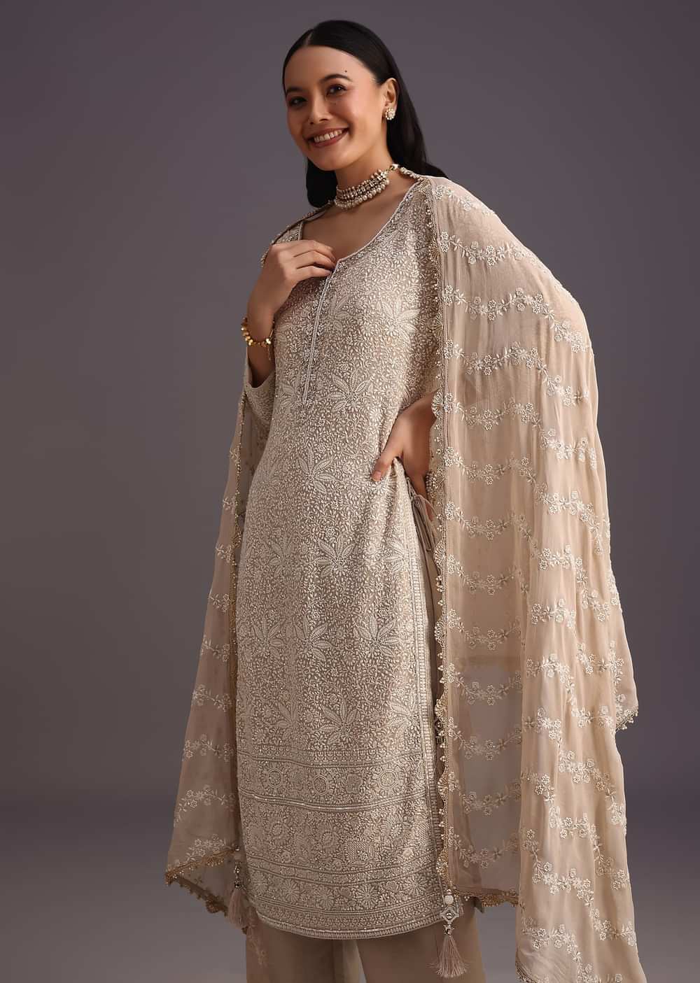 Beige Lucknowi Work Kurta Set And Dupatta