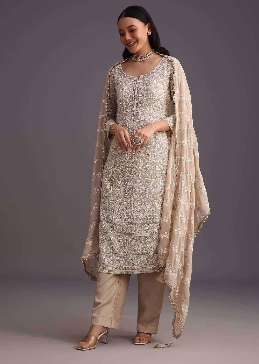 Beige Lucknowi Work Kurta Set And Dupatta