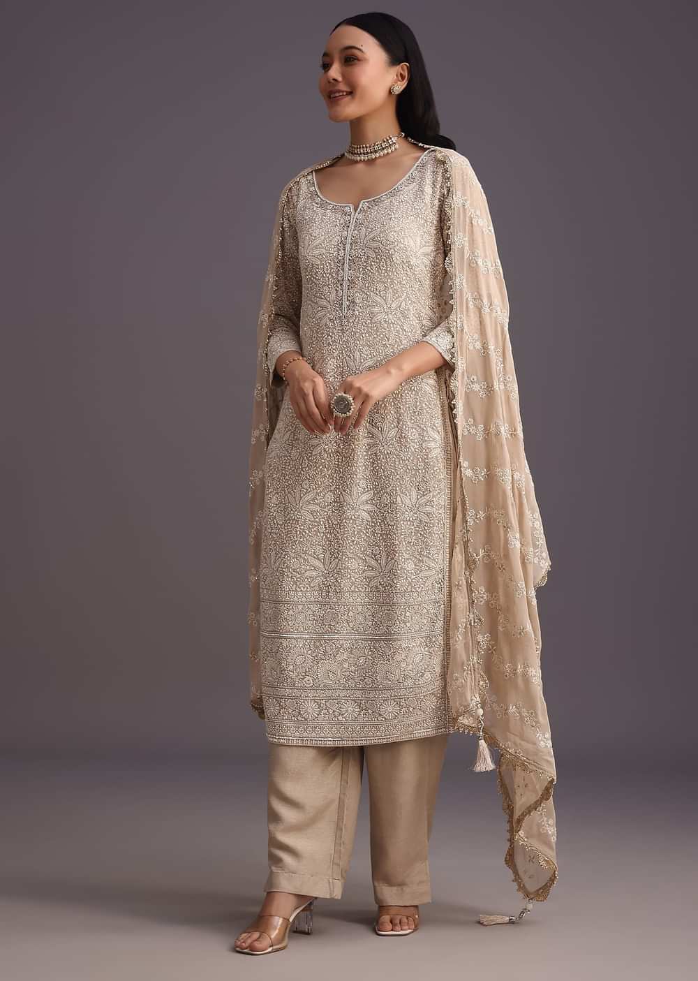 Beige Lucknowi Work Kurta Set And Dupatta