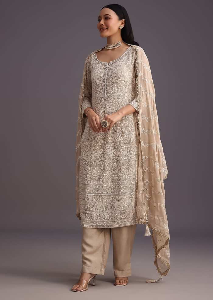 Beige Lucknowi Work Kurta Set And Dupatta