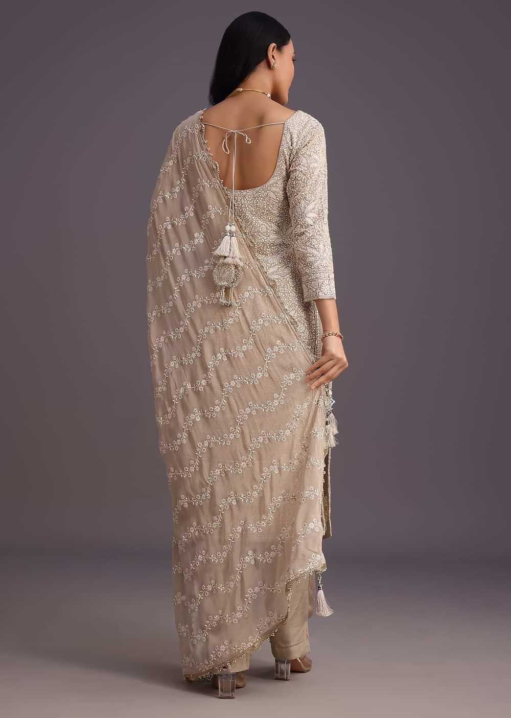 Beige Lucknowi Work Kurta Set And Dupatta