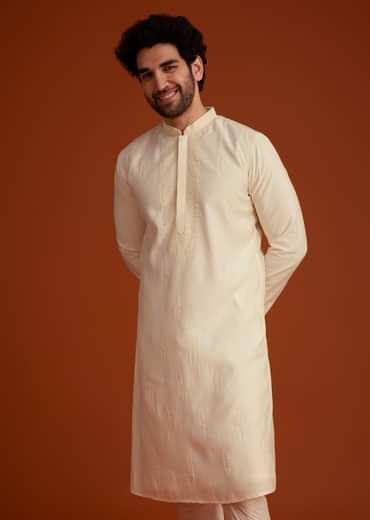 Beige Minimal Embroidered Kurta Pajama Set