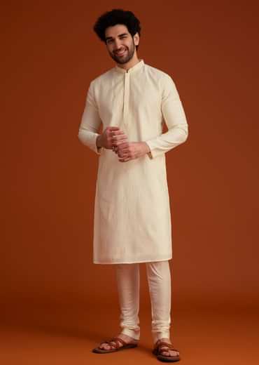 Beige Minimal Embroidered Kurta Pajama Set