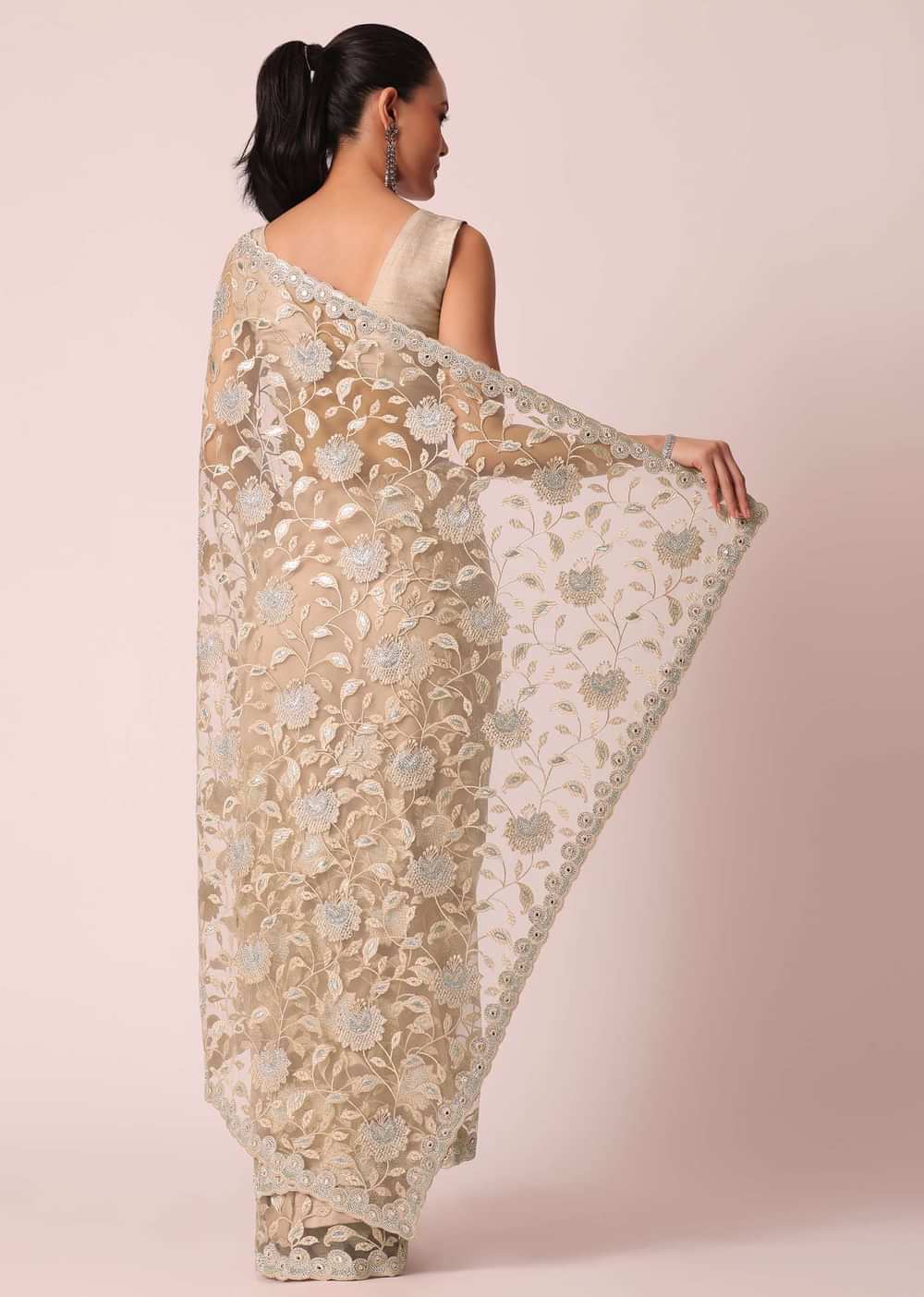 Beige Mirror Work Saree With Scallop Border And Unstitched Blouse Piece